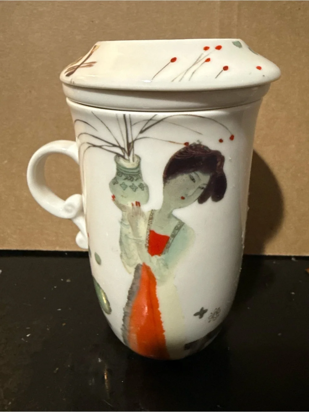 Teavana White Ceramic Teacup Set with Orange and Green Accents